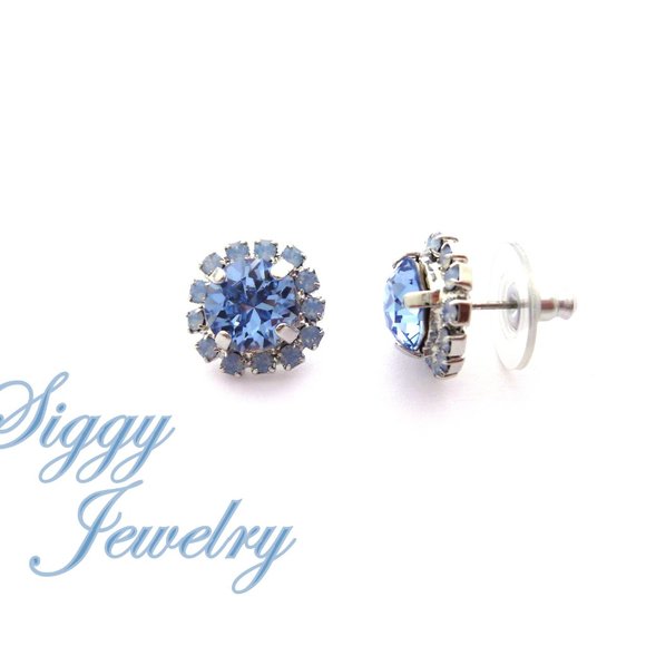 Swarovski Crystal Light Sapphire and Air Blue Opal Halo Studs Post Earrings - Picture 3 of 7